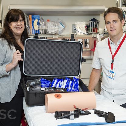 Compressing, packing and applying a tourniquet to a wound are all part of Stop the Bleed training provided by KHSC Trauma Program staff including Cathy Dain, Advanced Practice Nurse, and Dr. Chris Evans, Program Medical Director.