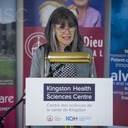Kingston and the Islands MPP Sophie Kiwala speaking to the media and guest during the funding announcement.