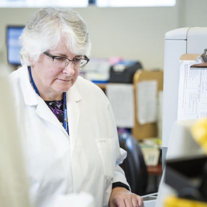 Senior Hematology Technologist Suzanne Torgerson, is being recognized for her 45 years of service with KHSC